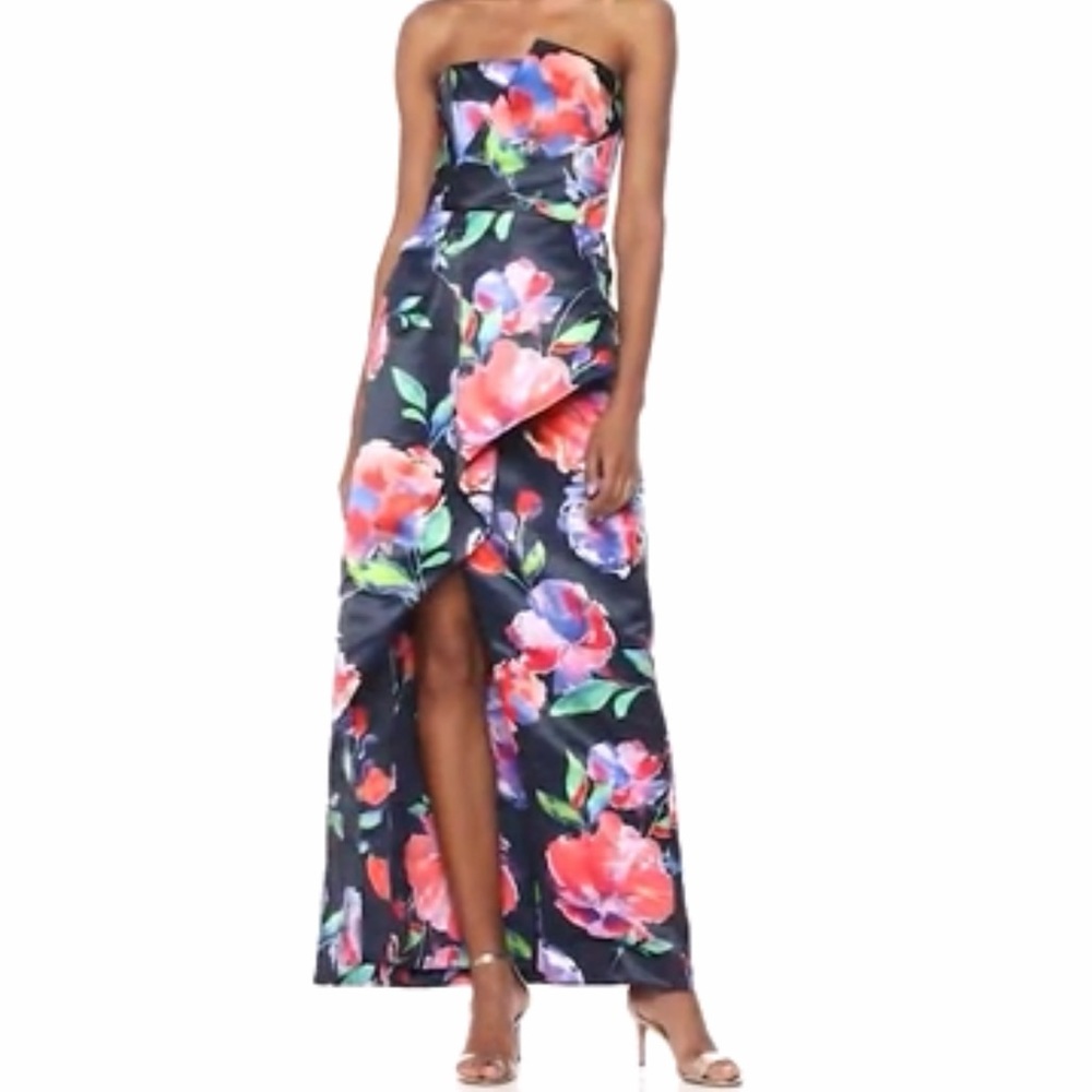 Parker Black Whitney Gown in the "Painterly Bloom" print.  Strapless, hi-low